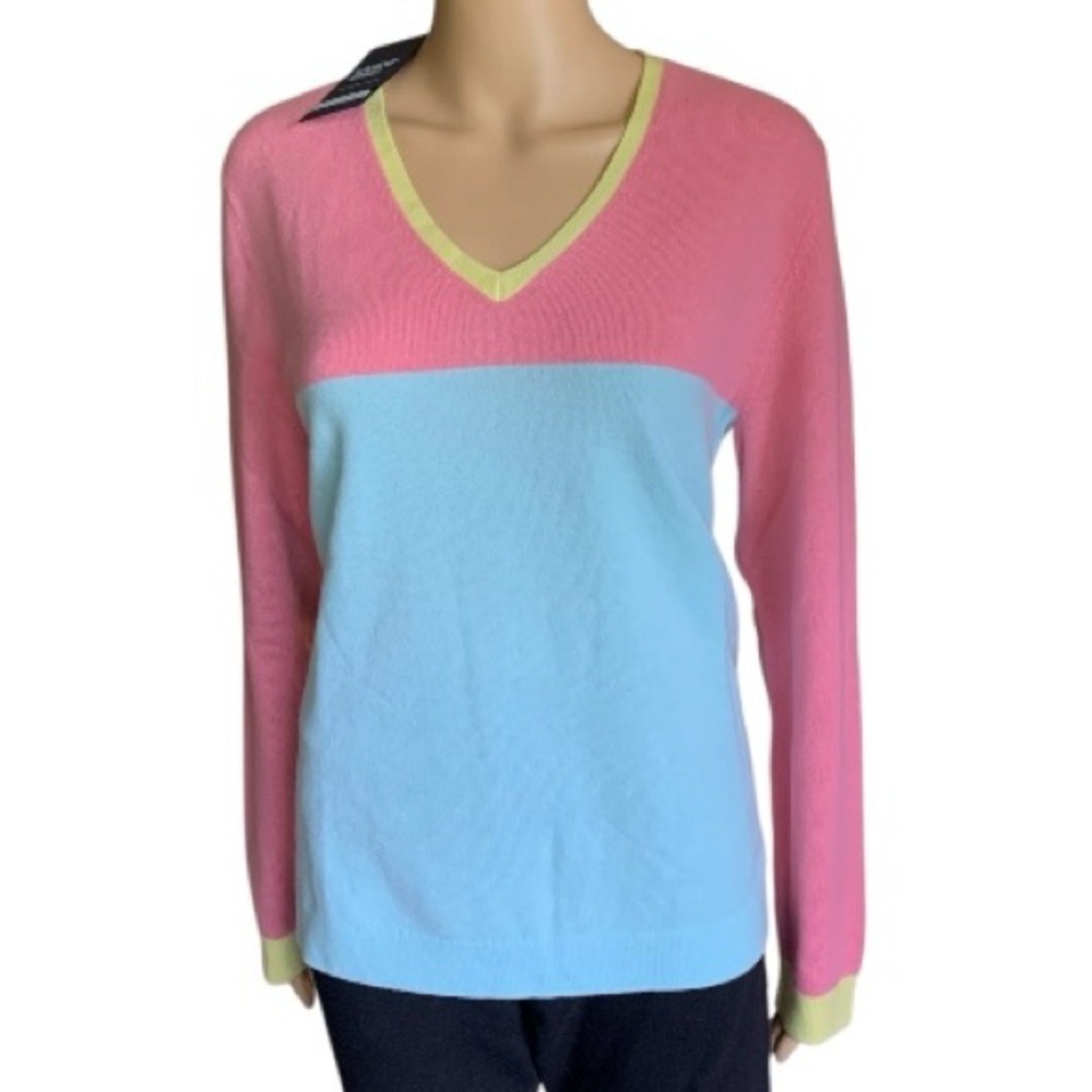 LANDSEND Women's Cashmere VNeck Sweater, Colorblock